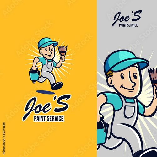 paint service mascot a man holding a paint brush and a paint bucket