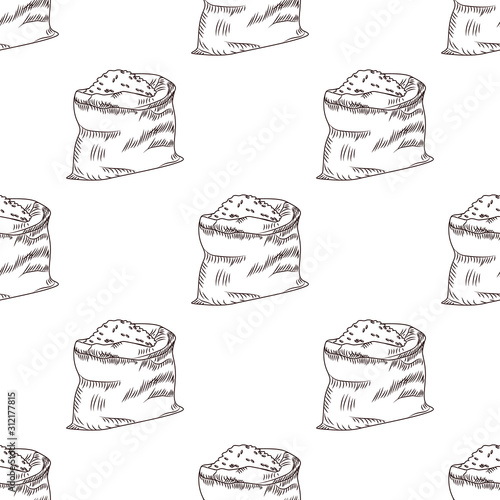 Rice bag seamless pattern. Hand drawn bag of cereals or flour backdrop