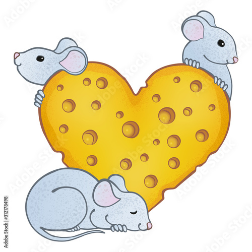 Three cute mice and a big cheese heart with holes.