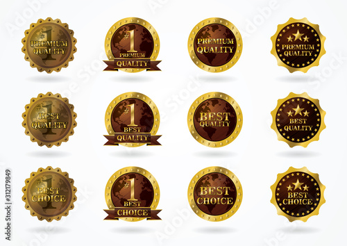 Set of premium, best quality & best choice badges with wood & gold style & world map silhouette to represent the best globally.