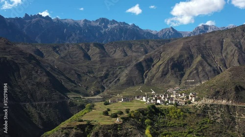 Aerial view of Village on Himalaya range in Yunnan, China photo