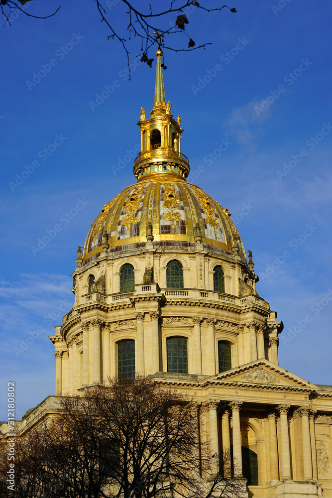 PARIS, FRANCE -24 DEC 2019- View of the Cathédrale Saint-Louis des Invalides, a church next to the Musee de l'Armee museum on the Left Bank in Paris, France.