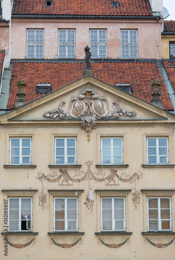 Old Town Market Place, decorative facade of tenement houses, Warsaw, Poland