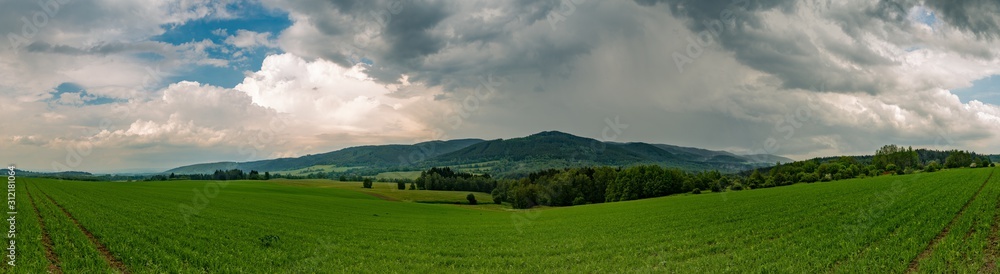 panorama of landscape with hills, trees and green fields and storm clouds