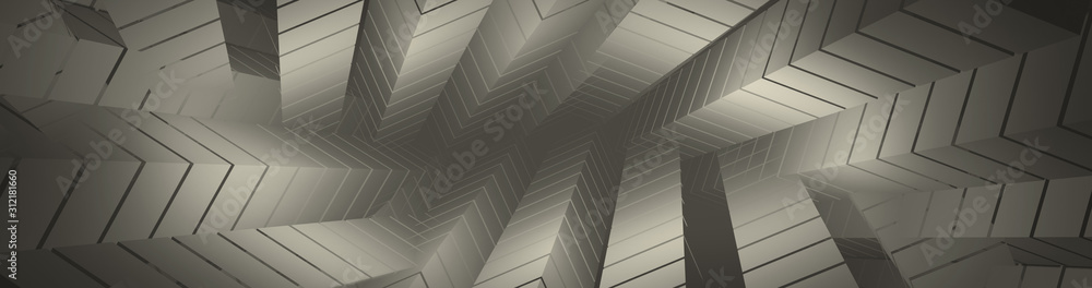 Obraz premium Abstract geometric graphic design 3D rendering 3D illustration of cubes going into perspective buildings techno industry umber color