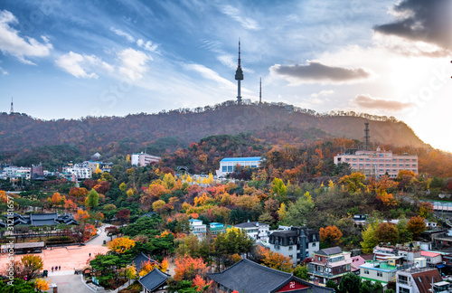 Photography namsan mountain in autumn at seoul city south korea
