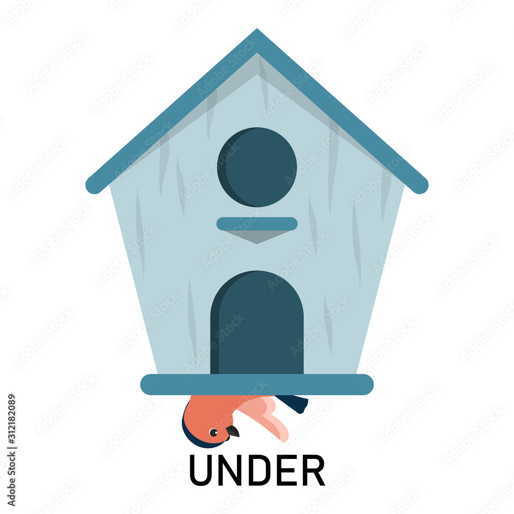 Bird and birdhouse, learning preposition vector isolated. Bird and birdhouse, learning preposition vector isolated.