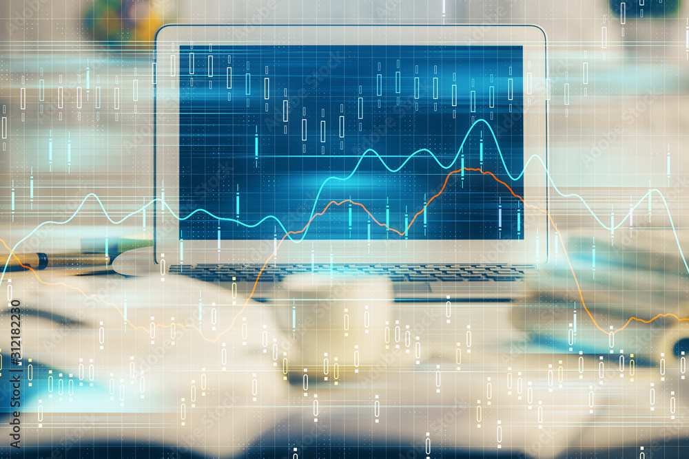 Stock market graph on background with desk and personal computer. Double exposure. Concept of financial analysis. Stock market graph on background with desk and personal computer. Double exposure. Concept of financial analysis.