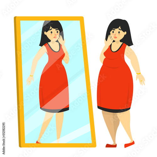 Happy fat woman in red dress looking at fit reflection