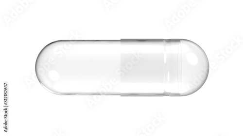 Empty Transparent Medicine Capsule Pill Shell. Horizontal 3D Render Isolated on White Background Close-Up. photo