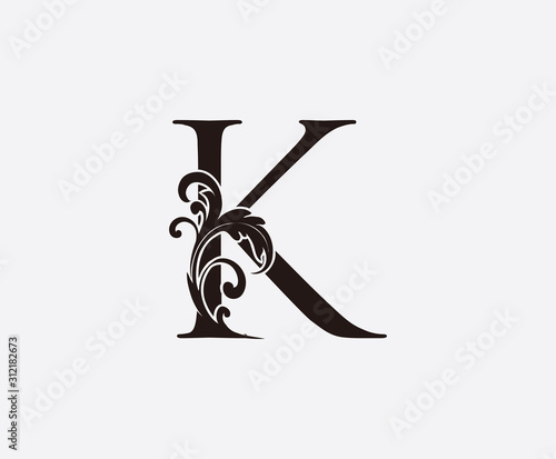 K Letter Classy Floral Logo Icon, Initial K Vintage Swirl Design.
