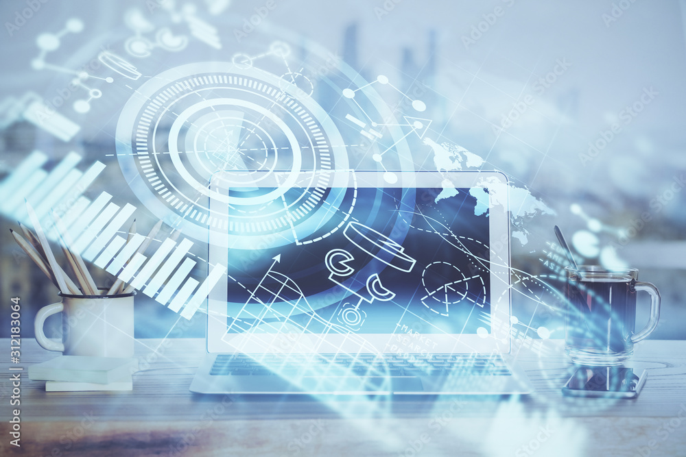 Multi exposure of business theme icons and work space with computer background. Concept of success. Multi exposure of business theme icons and work space with computer background. Concept of success.
