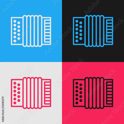 Color line Musical instrument accordion icon isolated on color background. Classical bayan, harmonic. Vintage style drawing. Vector Illustration