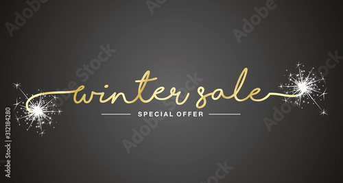 Winter sale special offer handwritten lettering tipography sparkle firework gold white black sticker banner