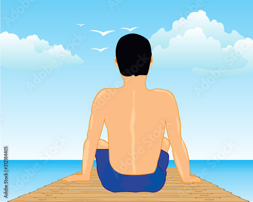 Man sitting on quay ashore ocean landscape