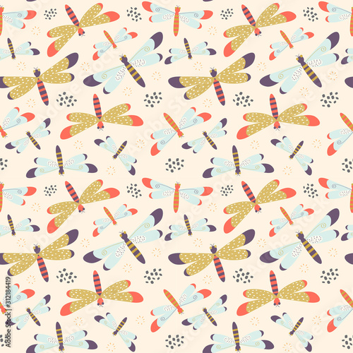 Seamless pattern with colorful dragonflies