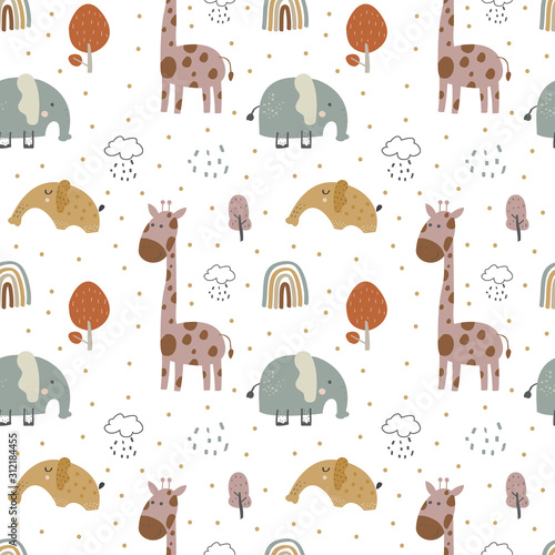 giraffe and  elephant baby cute seamless pattern