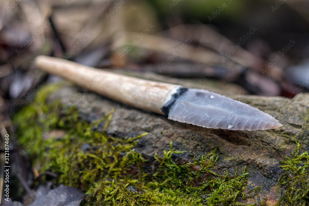 flint knife stone age tool (leaf blade in deer antler) in nature