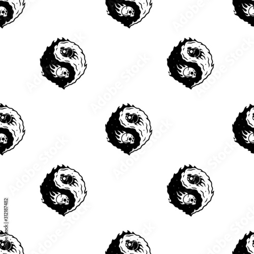 SKULLS YING YANG SEAMLESS PATTERN WHITE BACKGROUND