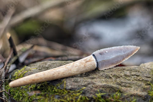 flint knife - stone age tool (leaf blade in deer antler) in nature photo