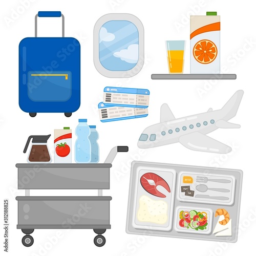 Vector set of equipment for the stewardess. Airplane Food, Stewardess Cart.