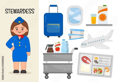 Vector character stewardess. Illustrations of stewardess  equipment. Set of cartoon professions.