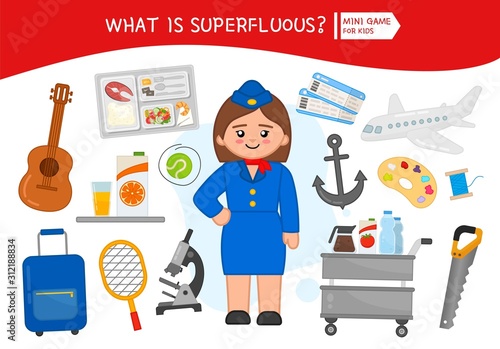 Educational game for children. Cartoon stewardess. Circle the objects that is unnecessary. 