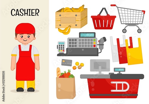 Vector character cashier. Illustrations of cashier equipment. Set of cartoon professions.