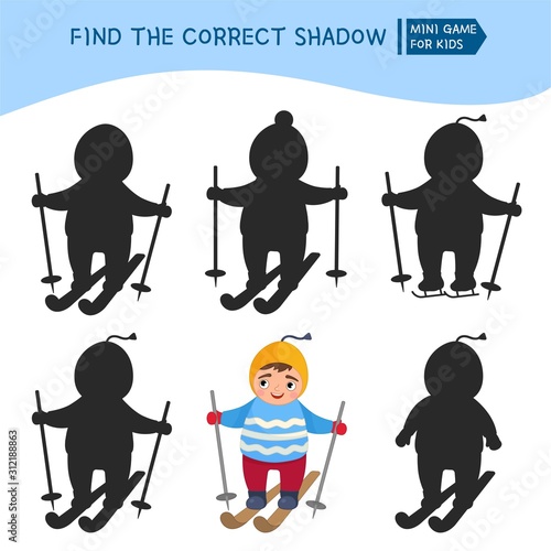 Educational  game for children. Find the right shadow. Kids activity with cute winter child.