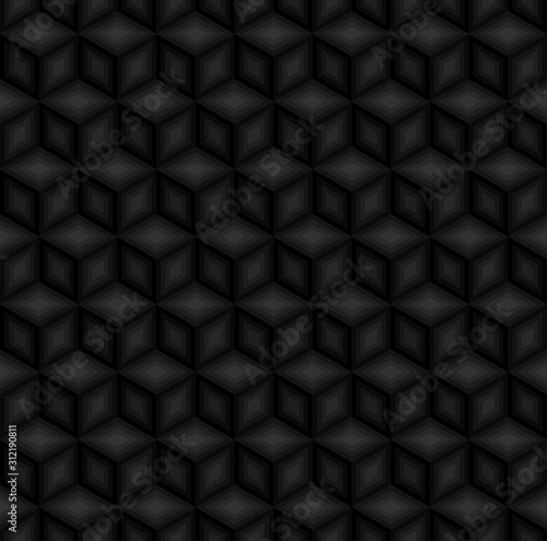 Black 3d square cubes vector background. Rhombus and hexagon repeat pattern background.