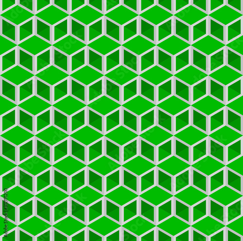 Green 3d square boxes or cubes vector background. Rhombus  triangle and hexagon repeat pattern background.