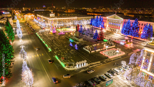 Festive new year decoration of the Central Lenin square in the city of Kurgan