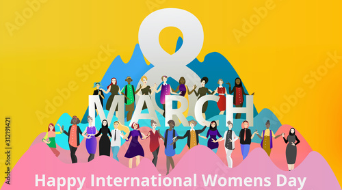 Portrait of modern society female, 8 march international women's day, various variations of lady's, together, sisterhood of different cultures