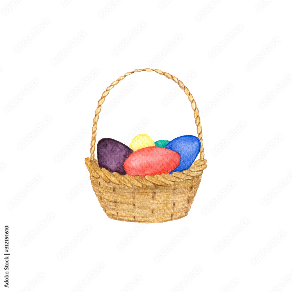 Fototapeta premium Watercolor illustration. Easter basket with Easter eggs, isolated on white background.