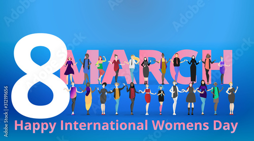 Portrait of modern society female, 8 march international women's day, various variations of lady's, together, sisterhood of different cultures