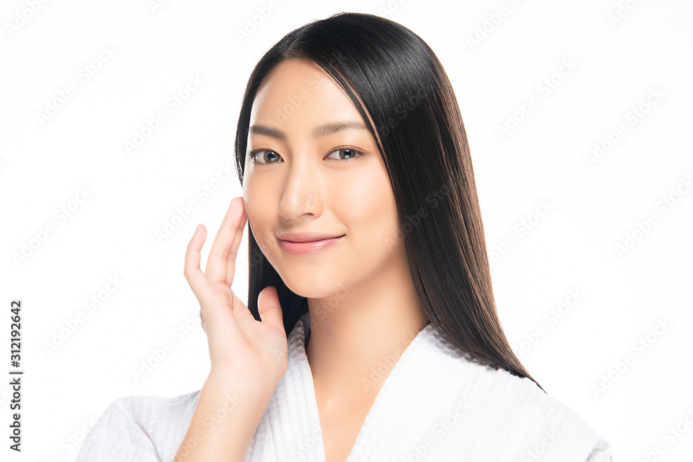 Beautiful Young Asian Woman with Clean Fresh Skin. Face care, Facial treatment, on white background, Beauty and Cosmetics Concept. Beautiful Young Asian Woman with Clean Fresh Skin. Face care, Facial treatment, on white background, Beauty and Cosmetics Concept.
