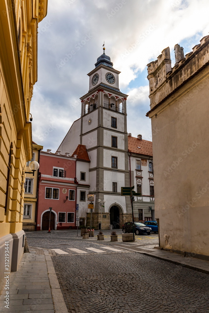 Obraz premium View at the building of tower of the old town hall. Trebon is a historical town in the South Bohemian Region. Czech Republic.