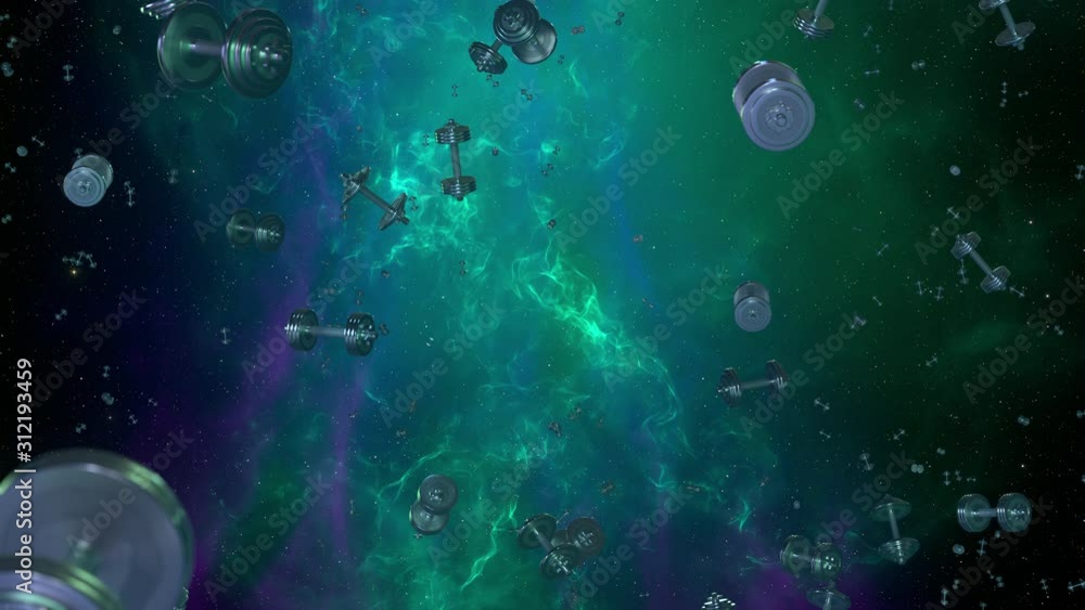 Dumbbells forming an asteroid belt fly over a detailed fantastic space scene with stars blink. Animation is seamlessly looped. Contains alpha channel. Dumbbells forming an asteroid belt fly over a detailed fantastic space scene with stars blink. Animation is seamlessly looped. Contains alpha channel.
