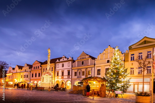 Christmas time on Masaryk square at night. Center of a old town of Trebon, Czech Republic.