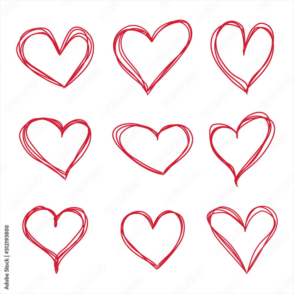 Heart hand drawn pen sketch set isolated on white background. Doodle collection of vector illustrations of red love hearts for the valentine day. Simple thin line style art for print or cards