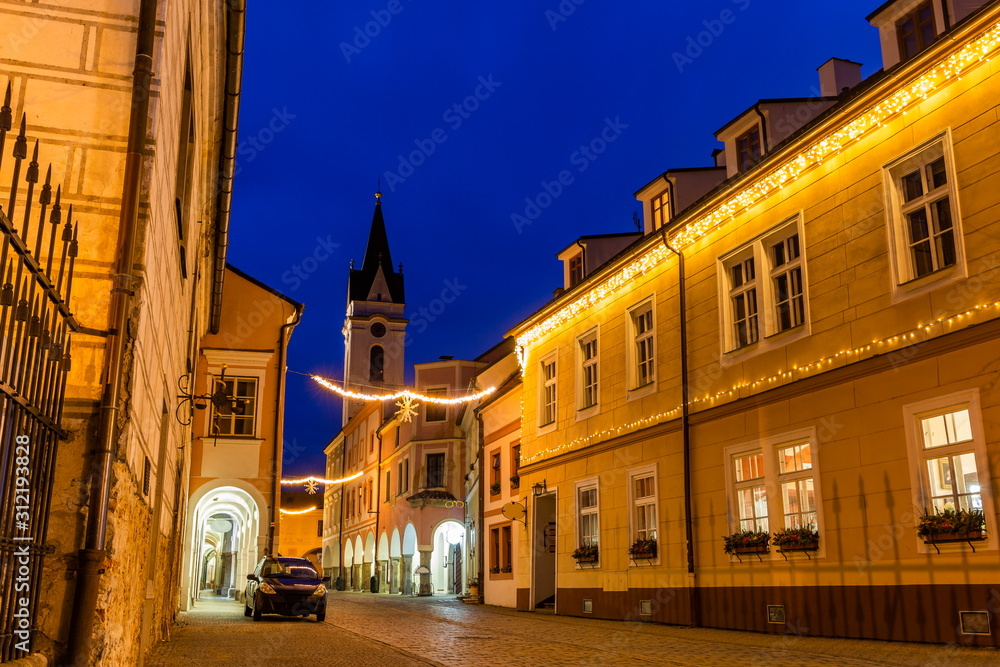 Night over street of a center Trebon, Czech Republic.