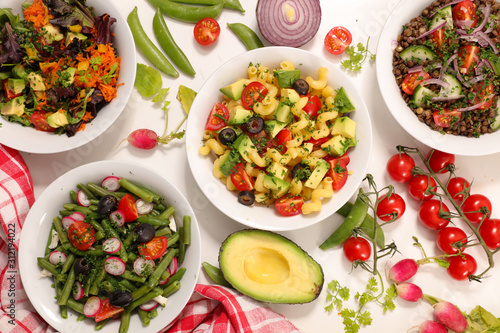 bowl of vegetable salad and ingredient, top view