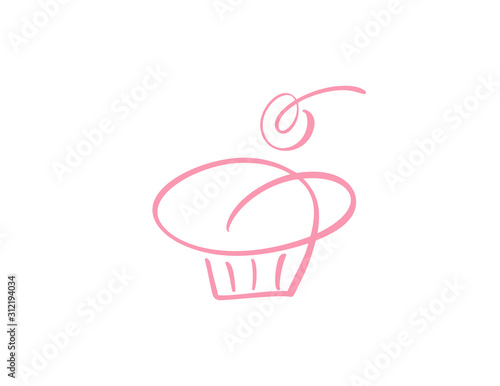 Cake vector calligraphic logo. Sweet cupcake with cream, vintage dessert emblem template design element. Candy bar birthday or wedding invitation