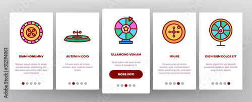Roulette Onboarding Mobile App Page Screen Vector. Casino Roulette, Fortune Wheel Gamble Game Gambling Chips And Dollar Mark Illustrations