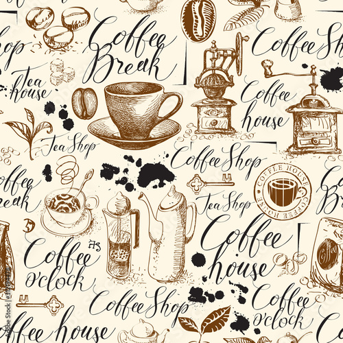Vector seamless pattern on the theme of coffee and coffee house. Hand-drawn background with kitchen items, blobs and handwritten inscriptions. Suitable for retro wallpaper, wrapping paper, fabric