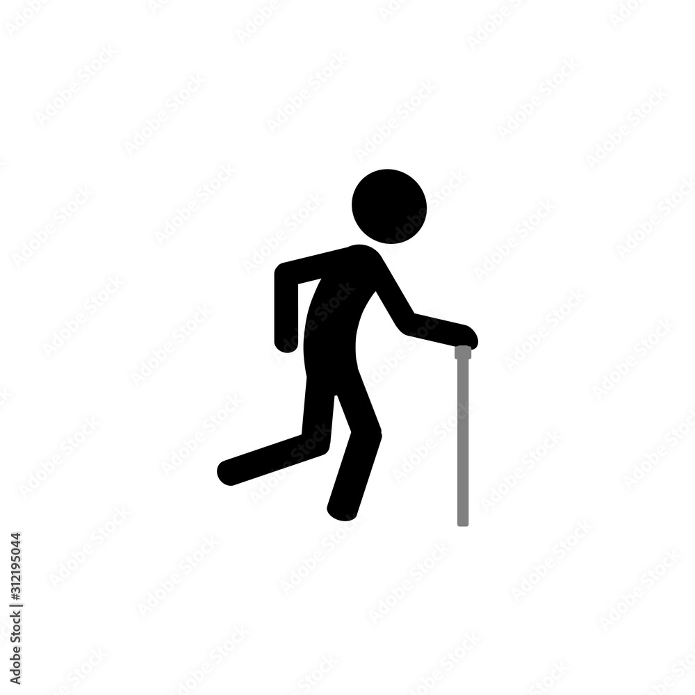 Stick man walks leaning on a cane
