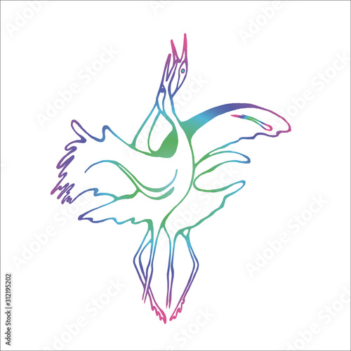 Color illustration of a dance of grace storks. Idea for a bird tattoo.