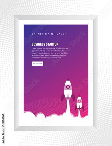 Colorful design business startup launch poster, rocket icon. Vector illustration.