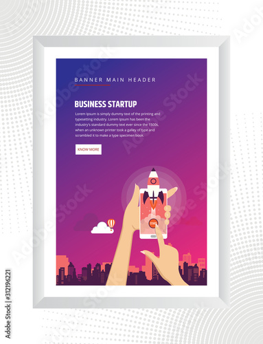 Colorful design business startup launch poster, rocket icon. Vector illustration.
