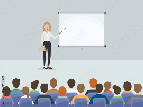 Group of working people, businessman and businesswoman meeting in conference room or in office. Flat design people characters.